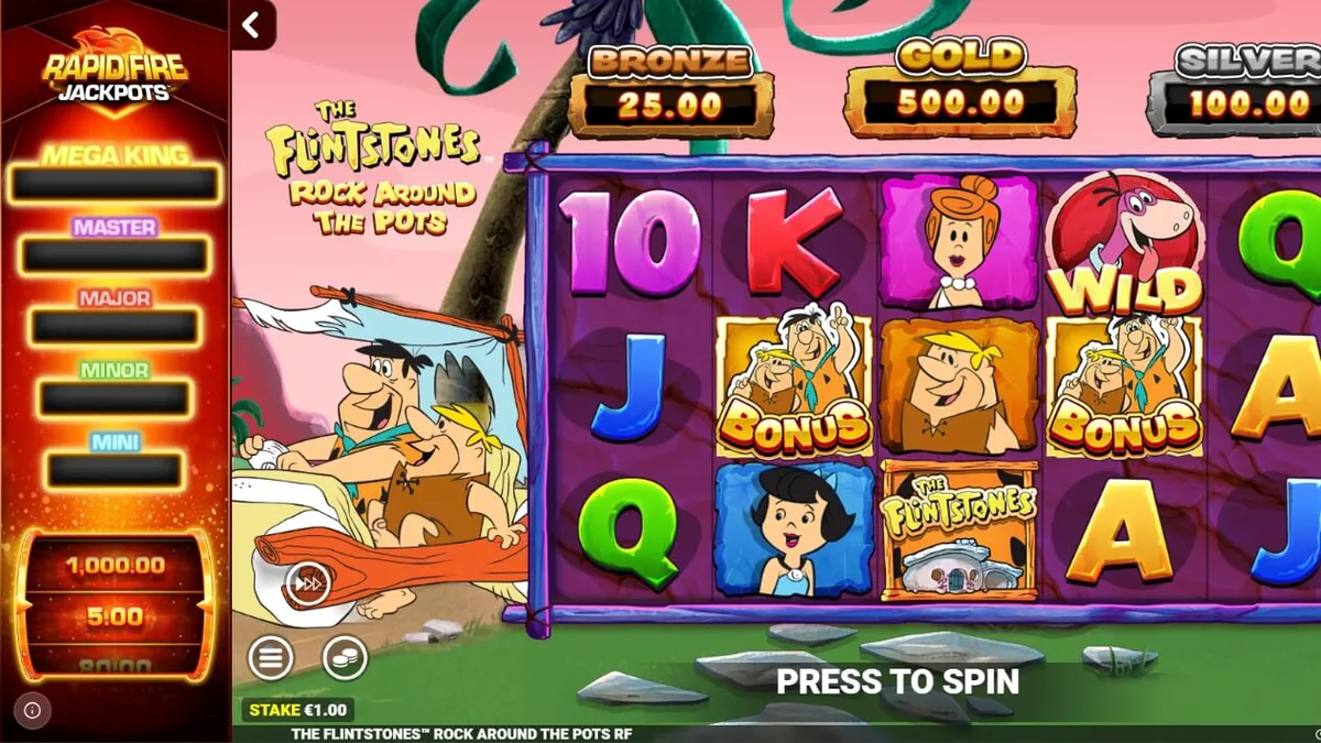 Tampilan visual slot The Flintstones: Rock Around The Pots dengan karakter ikonik Fred dan Wilma.